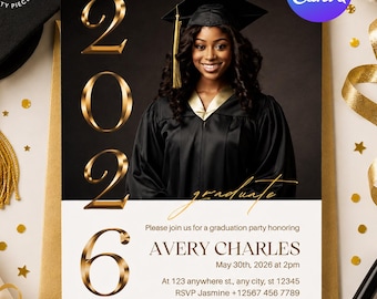 Graduation Party Invitation Digital, Editable in Canva, White and Gold Photo Grad Invite Printable, Senior Graduation, Class of 2026 BP02