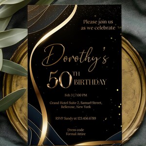 50th Birthday Invitation, 50th Birthday Party Invitation, Black and Gold Invitation, 50th Invitation, Birthday Invitation, A01 image 1