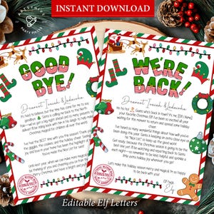 Carta de llegada de elfo, cartas de despedida de elfo, carta de regreso, carta de hola de elfo, carta de regreso de elfo, imprimibles navideños para niños, descarga instantánea