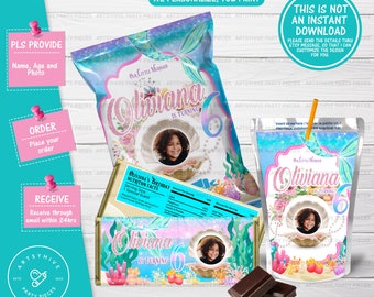 Custom Mermaid Theme Bundle, 3 Digital Party Labels, Mermaid Birthday