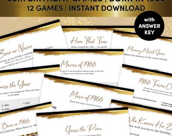 60 Birthday Party Games, Born in 1966 Trivia Printable, 1966 Birthday Games Bundle for Her, 12 Games + Answer Key, Instant Download A05