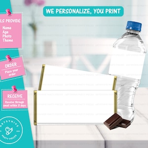 May include: A digital printable design for a personalized water bottle label. The label is white with a gold border and is ready to be customized with a name, age, photo, and theme. The design also includes a pink sticky note with the text "PLS PROVIDE" and a list of information to include on the label.