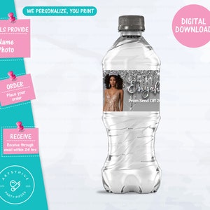 Prom Send off 2025 Water Bottle Label, Glittery Silver and Black Color, Prom Send off 2025, Digital Downloads, PL-S&B