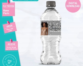 Prom Send off 2024 Water Bottle Label, Glittery Silver and Black Color, Prom Send off 2024, Digital Downloads, PL-S&B
