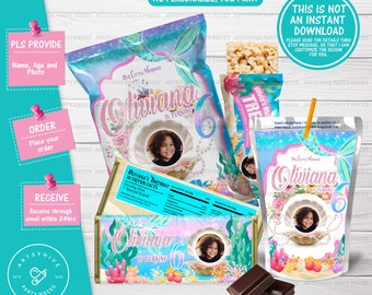 Custom Mermaid Theme Bundle, 4 Digital Party Labels, Mermaid Birthday Party Set, Custom Chip Bag Labels, Digital Download