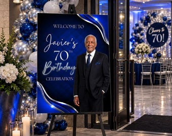 70th Birthday Welcome Sign for Men, Editable Canva Template, Blue & Silver Birthday Party Decoration M5BS
