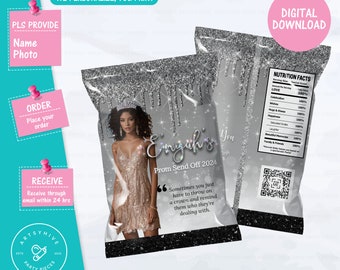 Prom Send off 2024 Chip bag, Glittery Silver and Black Color, Prom Send off 2024, Digital Downloads, PL-S&B