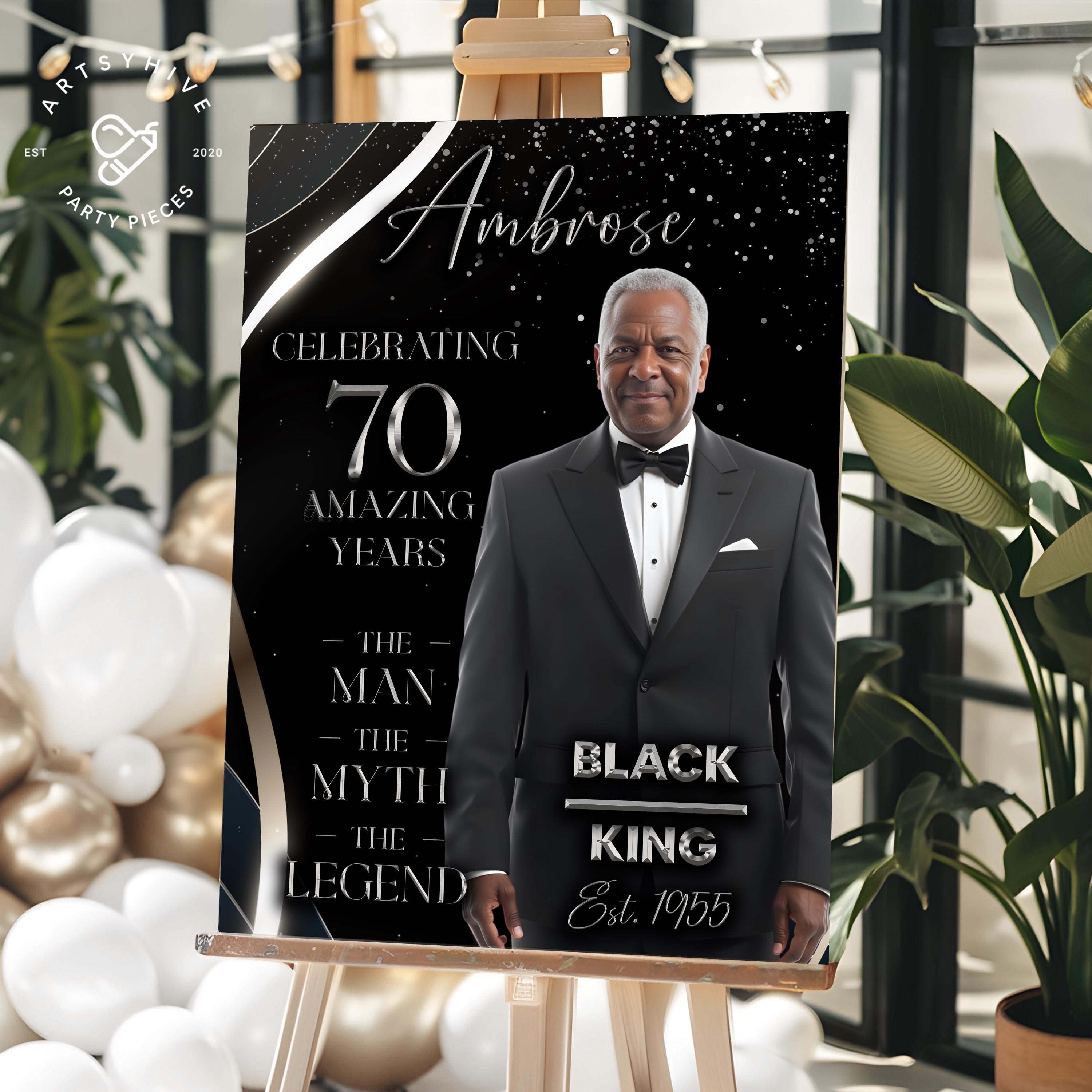 70th Birthday Welcome Sign – The Man, The Myth, The Legend | Welcome Birthday Sign | Personalized Photo Sign | Black & Silver