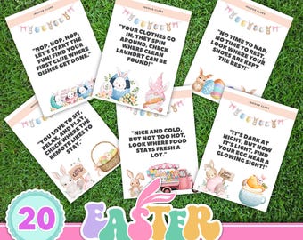 May include: Twenty Easter-themed scavenger hunt clue cards with colorful pastel backgrounds and bunny illustrations. The cards feature clues for an indoor and outdoor scavenger hunt. The text on the cards includes phrases like "Hop, hop, hop, let's start the fun!" and "It's dark at night, but now it's light, find your egg near a glowing sight!"