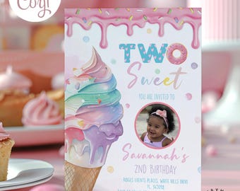 Ice Cream Invitation, Two Sweet Birthday, Ice Cream Birthday Party theme, Girl Birthday Invitation, Instant Download, Editable Invite, G02