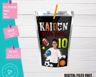 May include: A black and white juice box with a sports theme. The juice box has a photo of a boy holding a soccer ball. The text on the juice box says "Kaiden All-star Birthday 10".