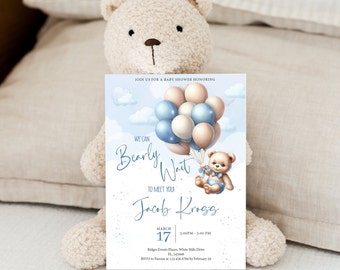 We Can Bearly Wait Baby Shower Invitation, Blue and Gray Invite, Baby Boy Baby Shower Invitation, Editable Template BSBB0324