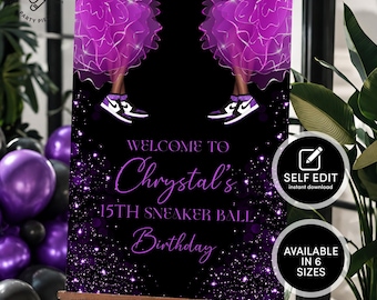 Sneaker Ball Welcome Sign, Purple Black Birthday Party Printable, Sweet 16 Quinceañera, Editable Canva Banner Template, Instant download T02