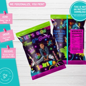 May include: A personalized chip bag design for an 8th birthday party. The bag features a neon green and pink design with the text "Let's Glow Happy 8th Birthday" and a girl's name. The bag also includes a nutrition facts label.