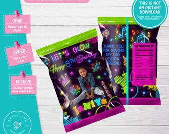 Etykiety na torebki z chipsami Neon Party, świecące w ciemności torebki z chipsami Party, świecące w ciemności torebki z chipsami, etykiety na torebki z chipsami Let's Glow, do pobrania w wersji cyfrowej, G08
