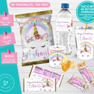 Unicorn Birthday Party Printable Labels, Unicorn Chip bags, Juice Labels, Water Bottle, Candy Bar Wrapper, Digital Downloads