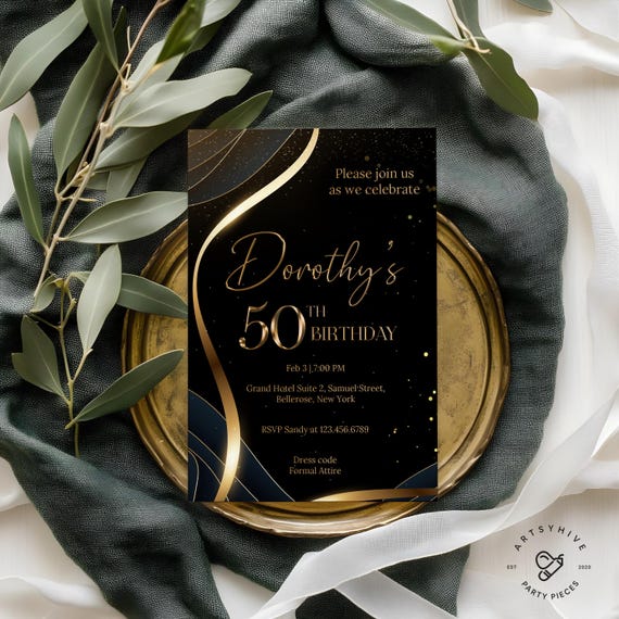 50th Birthday Invitation, 50th Birthday Party Invitation, Black and Gold Invitation, 50th Invitation, Birthday Invitation, A01