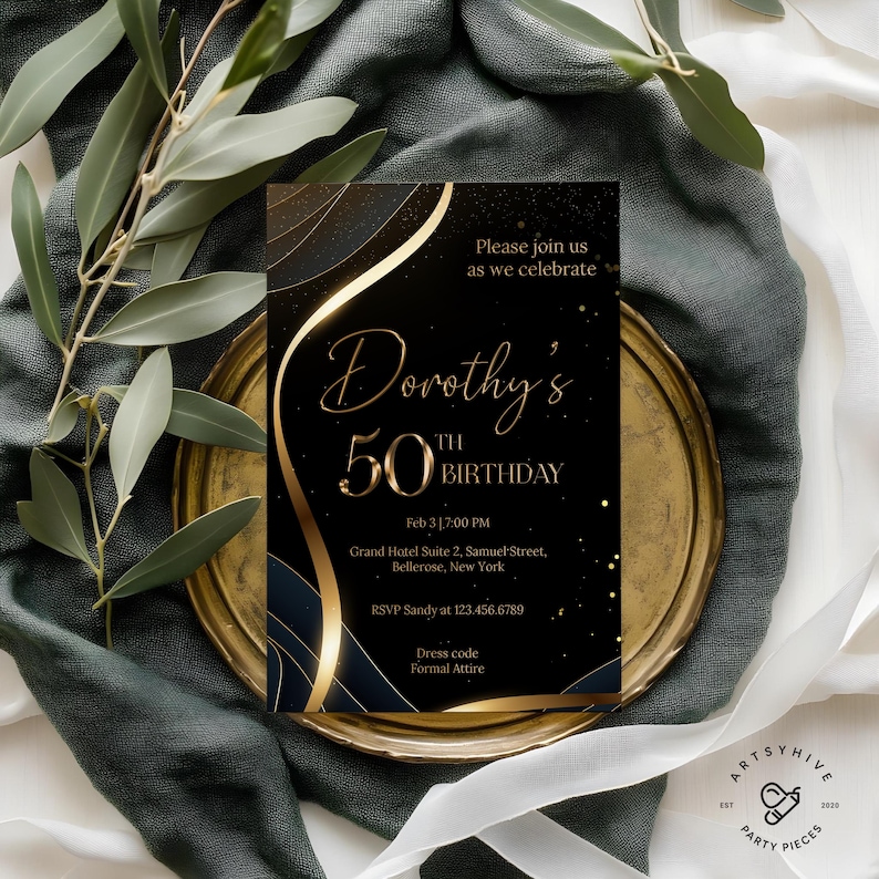 50th Birthday Invitation, 50th Birthday Party Invitation, Black and Gold Invitation, 50th Invitation, Birthday Invitation, A01 image 1
