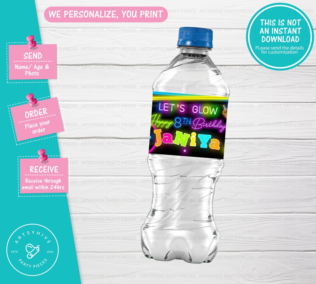 Glow Neon Party Water Bottle Label, Glow in the Dark Party Water Bottle ...