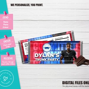 May include: A printable chocolate bar wrapper design featuring a football player in a blue and red uniform. The wrapper has the text "Committed" and "Dylan's Trunk Party" on it.