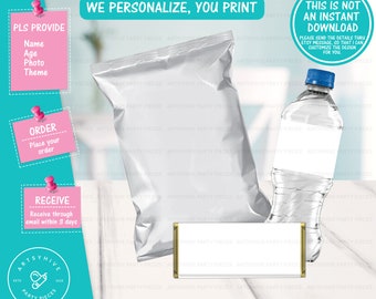Custom Party Printable Labels Bundle Set Printables, Custom Chip Bags, Custom Water Bottle Label, Custom Candy Bar Wrapper