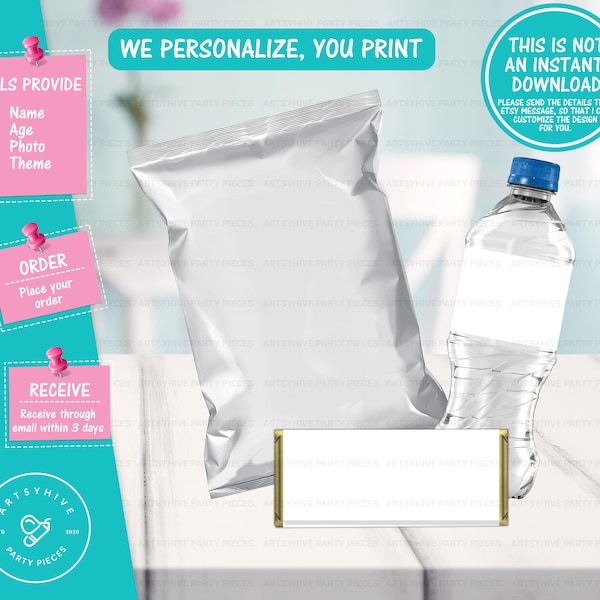 Custom Party Printable Labels Bundle Set Printables, Custom Chip Bags, Custom Water Bottle Label, Custom Candy Bar Wrapper