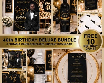 40th Birthday Party Favors for men, Editable in Canva Template, 40th Party Printables + Free 10 Birthday Games, Instant Download M2