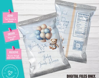 We Can Bearly Wait Baby Shower Chip bag Label, We Can Bearly Wait Baby Shower, Blue Teddy Bear, Teddy Bear Baby Shower Chip bag, BS-BW01