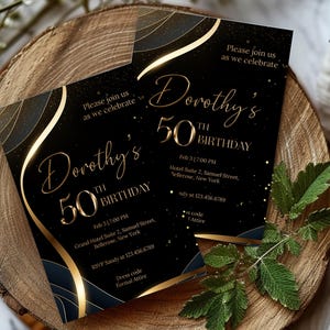 50th Birthday Invitation, 50th Birthday Party Invitation, Black and Gold Invitation, 50th Invitation, Birthday Invitation, A01 image 3