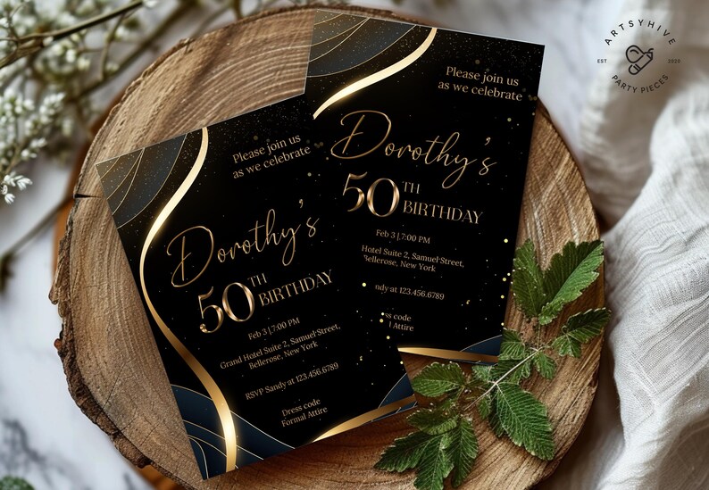 50th Birthday Invitation, 50th Birthday Party Invitation, Black and Gold Invitation, 50th Invitation, Birthday Invitation, A01 image 3