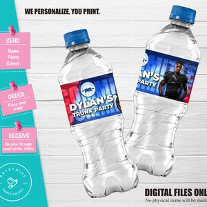 May include: Two blue water bottles with personalized labels for a trunk party. The labels feature a football theme with a blue and red color scheme. The text on the labels reads "Dylan's Trunk Party".