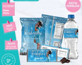 Prom Send Off 2024 Chip bag, Candy Bar Labels, Water Bottle Label, Glittery Baby Blue and Silver Color,  Digital Downloads, PL-BB&S