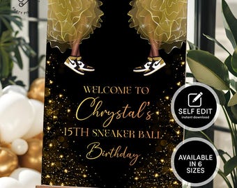Sneaker Ball Birthday Welcome Sign Editable Canva Template | Black Gold Welcome Sign | Sneaker Ball Party Sign | Teen Girl Birthday Sign T01