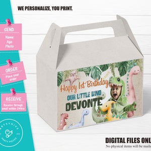 Etiqueta da caixa de aniversário de dinossauro, festa de aniversário de dinossauro, caixa de guloseimas de aniversário, etiqueta da caixa de aniversário com tema de dinossauro, download digital B01