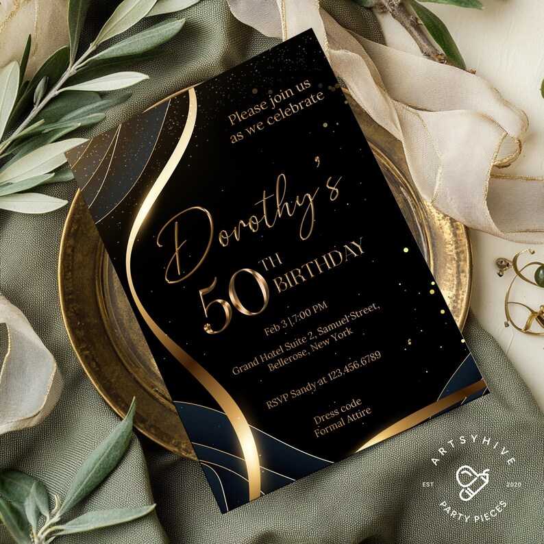 50th Birthday Invitation, 50th Birthday Party Invitation, Black and Gold Invitation, 50th Invitation, Birthday Invitation, A01 image 2