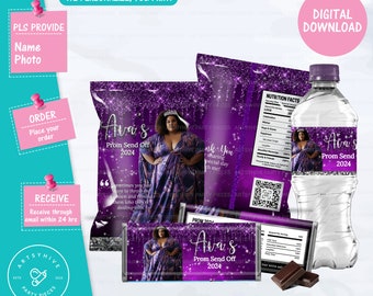 Prom Send Off 2024 Chip bag, Candy Bar Labels, Water Bottle Label, Glittery Purple and Silver Color,  Digital Downloads, PL-P&S