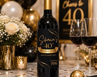 40th Birthday Wine Label, Editable Canva, 750ml Aged to Perfection, Black Gold Milestone Birthday Printable, Instant Download M2