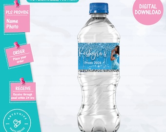 Prom Send off 2024 Water Bottle Label, Glittery Baby Blue and Silver Color, Prom Send off 2024, Digital Downloads, PL-BB&S