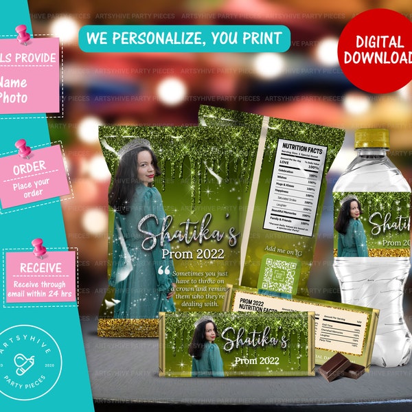 Prom Send off 2024 Chip bag, Candy Bar Labels, Water Bottle Label, Glittery Olive Green and Gold Colors, Digital Downloads,  PL-OG&G