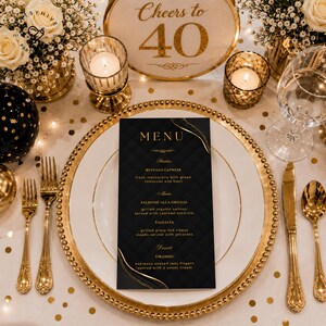 40th Birthday Menu Card, Editable Canva Template, Letter Size and 4x7, Black and Gold Milestone Party Printable, Instant Download M2