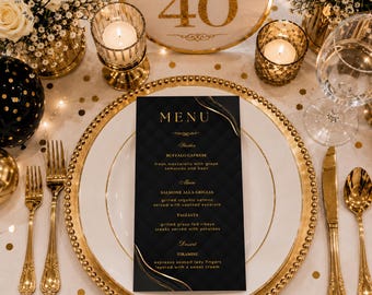 40th Birthday Menu Card, Editable Canva Template, Letter Size and 4x7, Black and Gold Milestone Party Printable, Instant Download M2