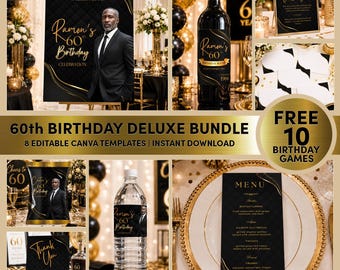 50th Birthday Party Bundle for Men, Black and Gold Editable Canva Templates M4