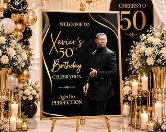 50th Birthday Welcome Sign Aged to Perfection, Editable Canva, Black Gold Party Decor, 6 Printable Sizes, Instant Download M3A
