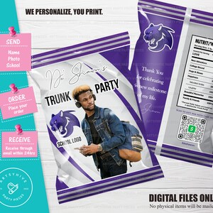 Trunk Party 2025 Chip bag Label, Purple and white Colors, Committed to College, College Send Off Chip bag, Digital Downloads, TL-PW01