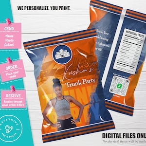 Trunk Party 2025 Chip bag Label, Orange and Blue Colors, Committed to College, College Send Off Chip bag, Digital Downloads, TL-OB01