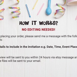 May include: A white wooden background with colourful party decorations, including streamers, candles, and a party hat. Text on the image reads "HOW IT WORKS? NO EDITING NEEDED!" and explains how to customise an invitation.