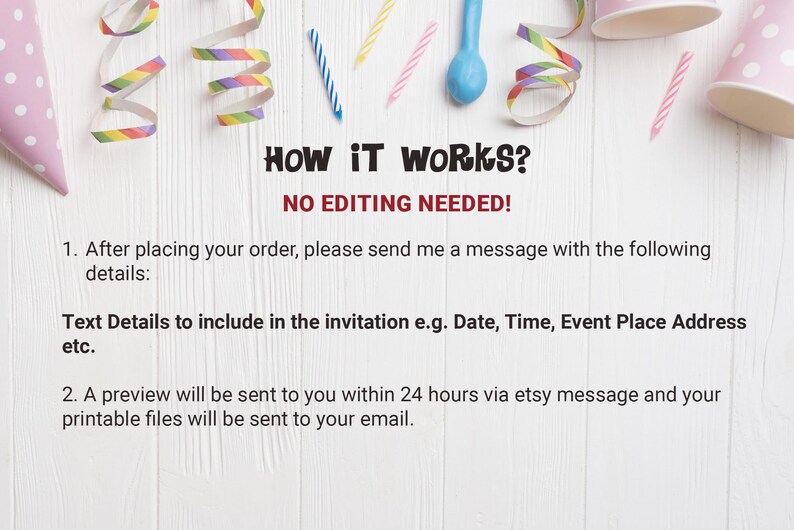 May include: A white wooden background with colourful party decorations, including streamers, candles, and a party hat. Text on the image reads "HOW IT WORKS? NO EDITING NEEDED!" and explains how to customise an invitation.