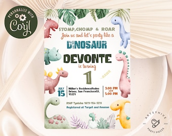 Op de afbeelding: Een kleurrijke dinosaurus-thema verjaardagsuitnodiging voor een 1-jarige jongen genaamd Devonte. De uitnodiging heeft een groene, bruine en witte achtergrond met illustraties van dinosaurussen in verschillende kleuren. De tekst op de uitnodiging luidt: "Stomp, Chomp & Roar Join us and let's party like a Dinosaur Devonte is turning 1 July 15 Miller's Residence Rodeo Drive, San Francisco CA, 95129 RSVP Tynisha 9873-456-3211 Registered at Target and Amazon 3:00 PM until 5:00 PM".