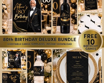Men's 80th Birthday Party Favors, Editable Canva, Welcome Sign Wine Label Menu Thank You Card + Free 10 Birthday Games, Instant Download M6