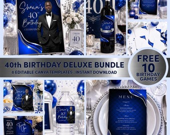 40th Birthday Party Bundle Editable in Canva, Blue and Silver Party Decorations with Welcome Sign, Party Favor Templates & Labels M2BS